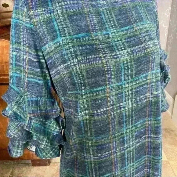 Gabby Skye Shift Dress Navy Size 6 Violet Plaid Ruffle Sleeves Cozy Fall Career - Picture 11 of 16